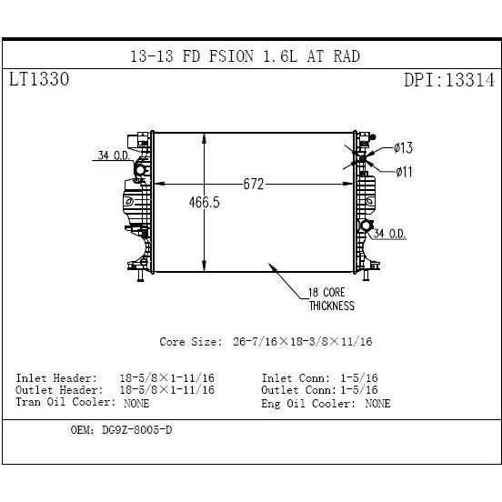 FORD FUSION RADIATOR OEM#DG9Z8005K 2013-2016 PL#FO3010316