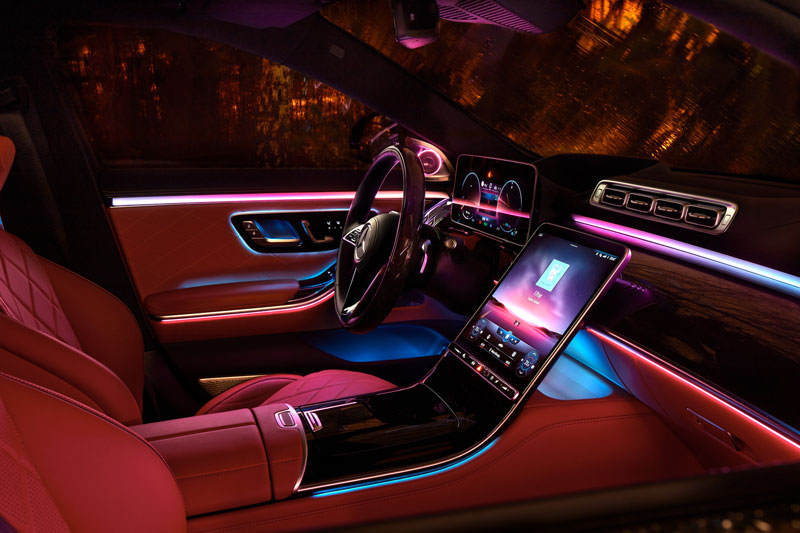 ambient lighting in cabin of luxury Mercedes S Class